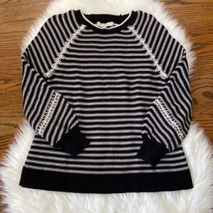 EUC LOFT striped black white cotton sweater,detailed shoulder,bell sleeve